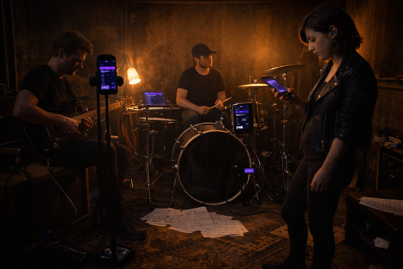 A band rehearsing with GigFrame on phones and tablets on stands
