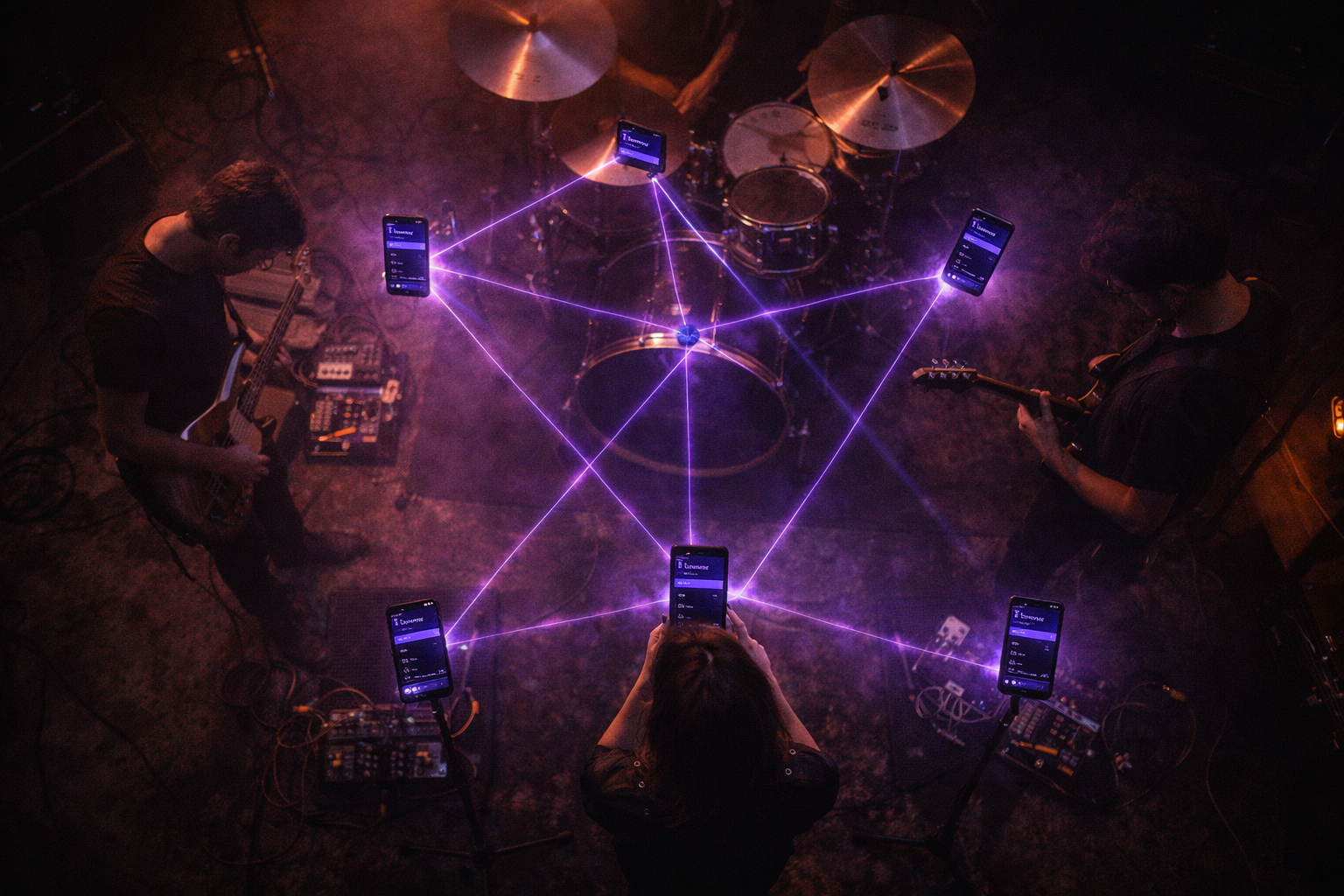 Overhead view of a band, their phones linked by violet lines representing real-time sync
